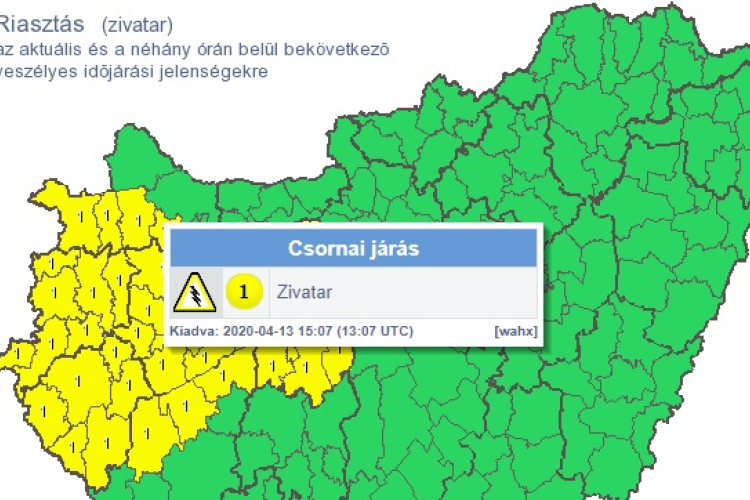 Elsőfokú riasztást adtak ki a Rábaközre is a ma érkező zivatar miatt